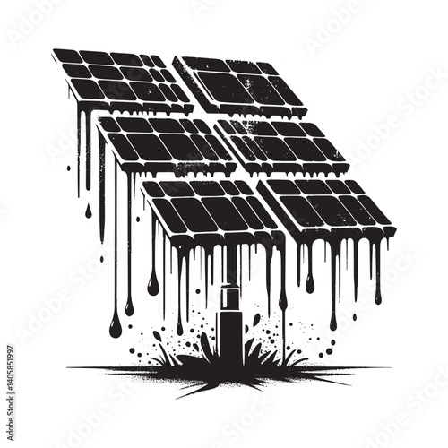 Abstract Solar Panel Array Depiction with Grunge Texture and Dripping Effect