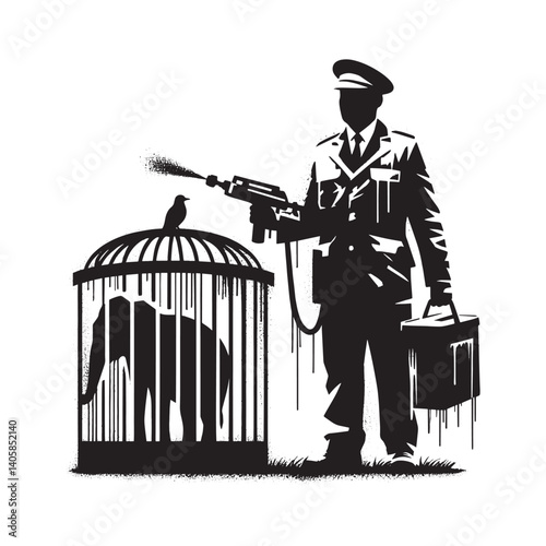 Abstract stencil art portraying themes of containment and environmental activism