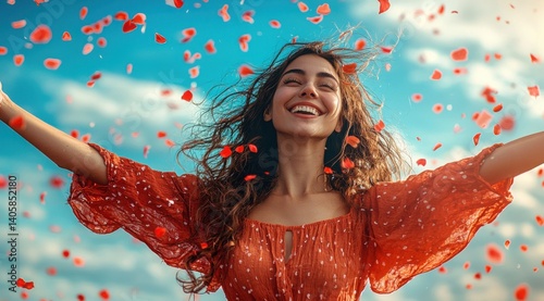 Ecstatic woman celebrates life with open arms under a shower of vibrant red petals, expressing joy and freedom against a bright blue sky