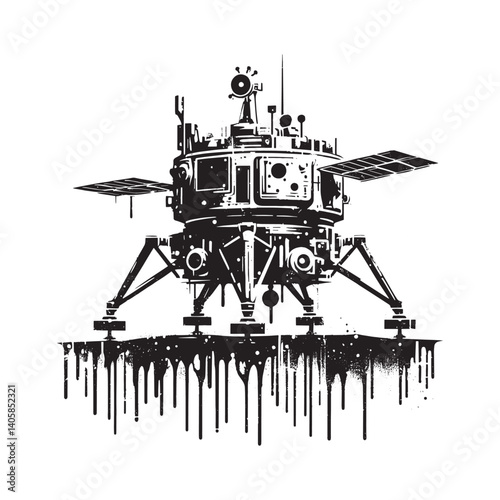 Abstract vector art featuring a moon lander in a grunge dripping style
