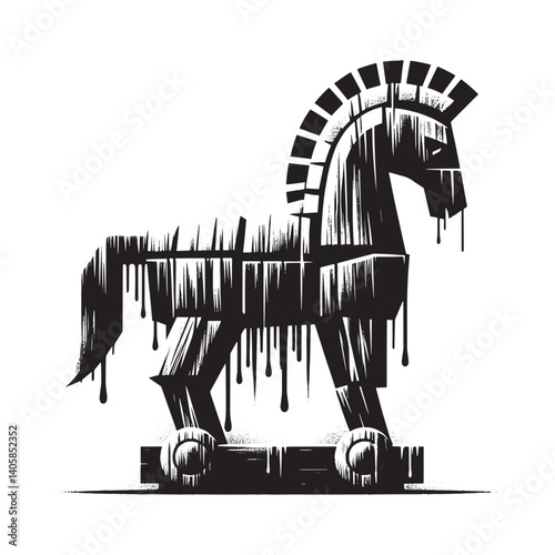Abstract trojan horse silhouette with dripping paint effect on white background