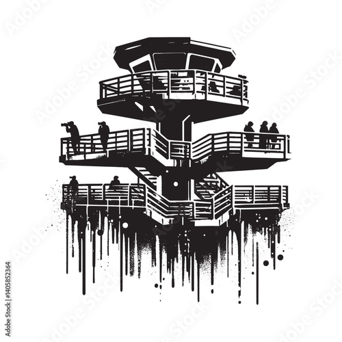 Abstract Viewing Tower Structure in Stencil Art Style with Drip Effects