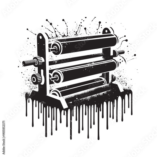 Abstract warping roller with dripping black spray paint effect on isolated white