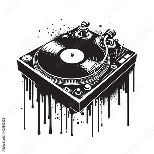 Abstract vinyl record player with dripping paint illustration design