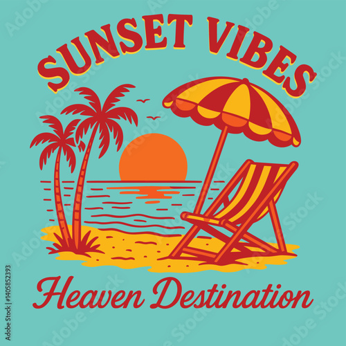 Sunset Vibes Beach Scene with Umbrella and Chair