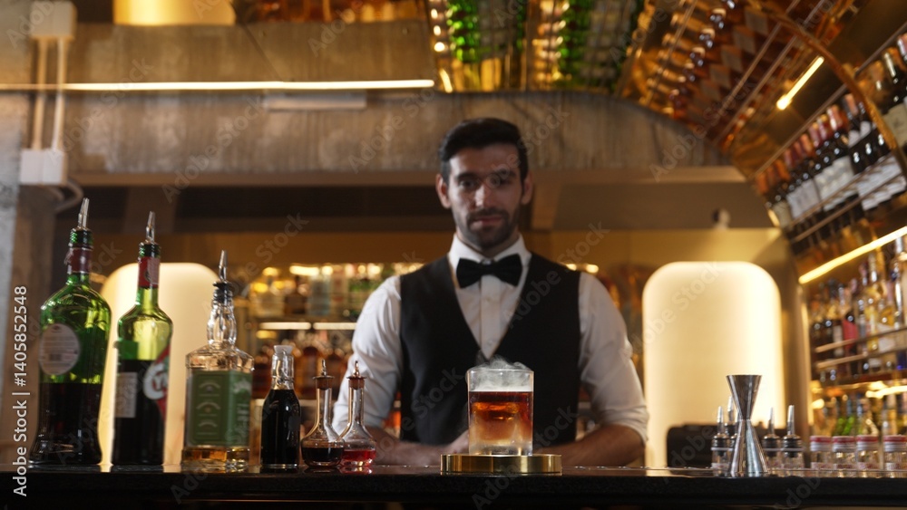 Focusing on serving mist smoky classical Old fashioned whiskey cocktail presentation cooling textured, recommending special welcome tasty creative by smart bartender background beverage bar. Vinosity.