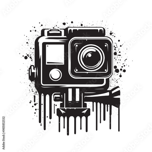 Action Camera Stencil Art with Spray Paint Drips and Grunge Elements
