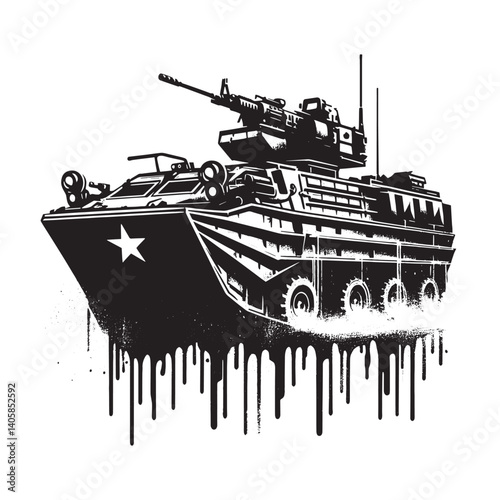 Amphibious assault vehicle in monochrome with dripping paint aesthetic