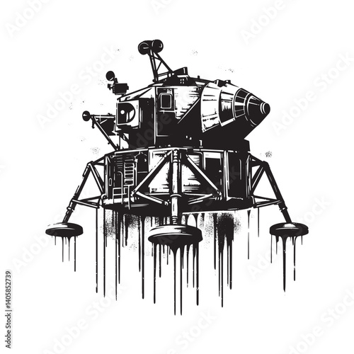 Artistic lunar lander depiction in stencil style against a moon backdrop