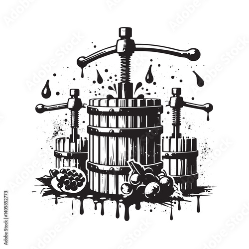 Artistic rendering of vintage wine presses with grape clusters illustration