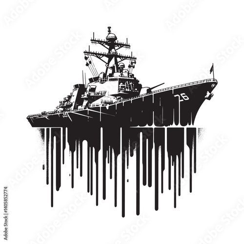 Artistic monochrome stencil illustration of modern naval destroyer ship