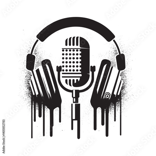 Audio equipment in stencil art style, a visual for podcasting and recording