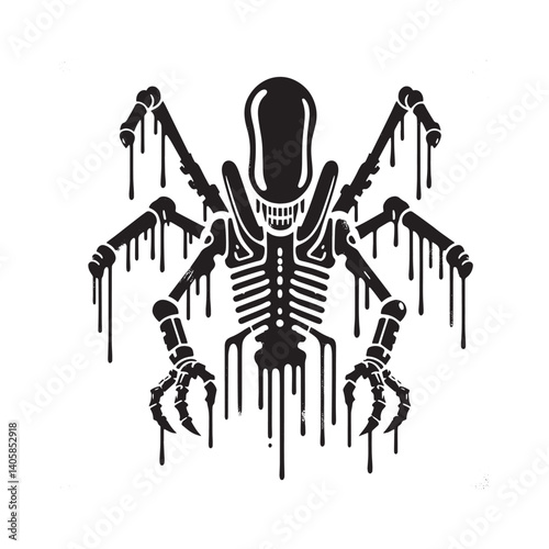 Black and white stencil of alien robot with dripping spray paint effect
