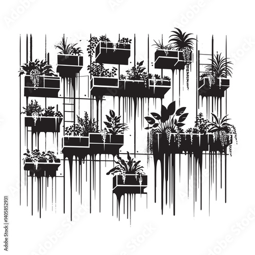 Black and white illustration of urban vertical garden wall in stencil style