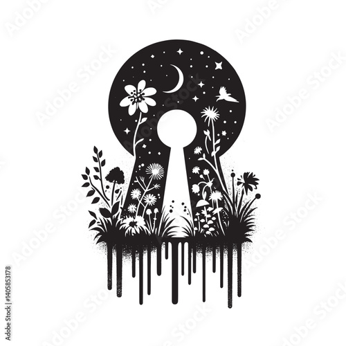 Botanical keyhole garden a monochromatic dreamscape in abstract stencil art