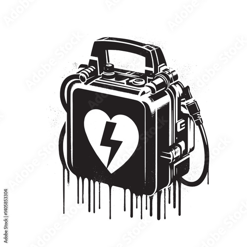 Defibrillator illustration in grunge vector style, isolated on white background