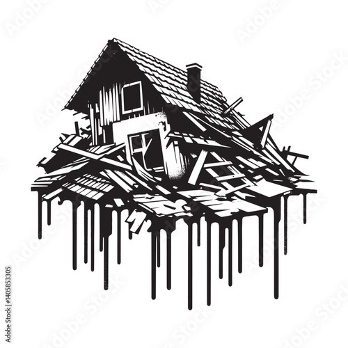 Dilapidated dwelling with spray paint effect in black and white design