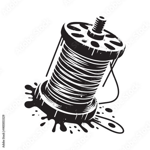 Distressed black and white thread spool illustration with spray paint effects