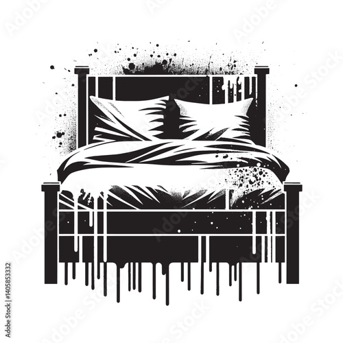 Distressed bed design, monochromatic, stylized bedroom illustration, isolated object
