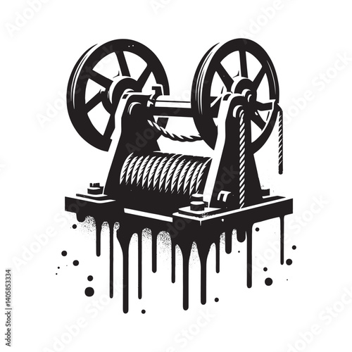 Distressed Black and White Industrial Winch Graphic with Drip Effect