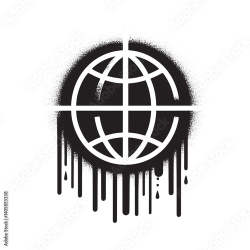 Distressed earth icon with paint drips, global stencil with grunge effects