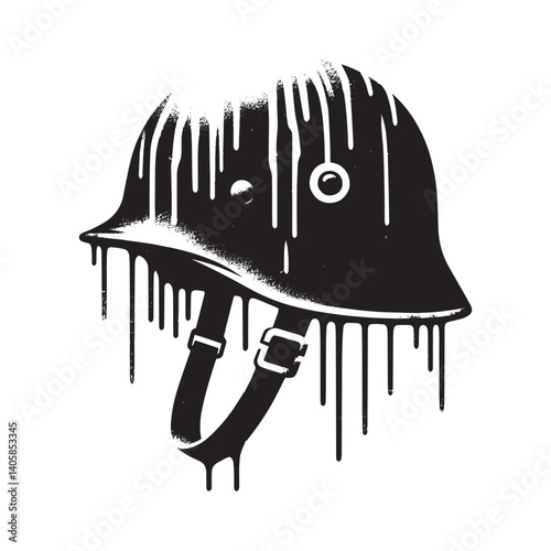 Distressed Combat Helmet Illustration with Dripping Paint Effect Style