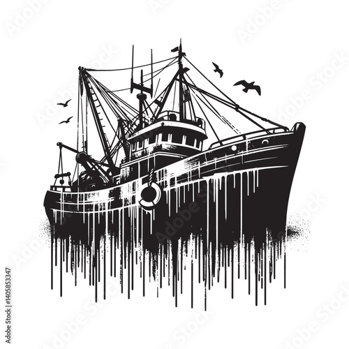Distressed fishing trawler illustration featuring stencil and dripping paint effects