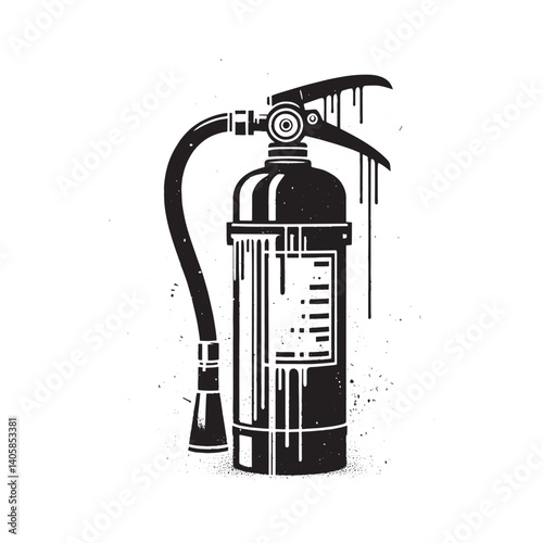 Distressed monochrome fire extinguisher depiction with spray paint effect