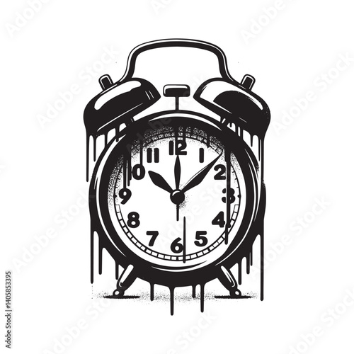 Distressed monochrome alarm clock illustration with dripping paint effect