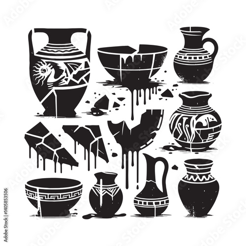 Distressed pottery fragments in graphic style with dripping effects and grunge textures