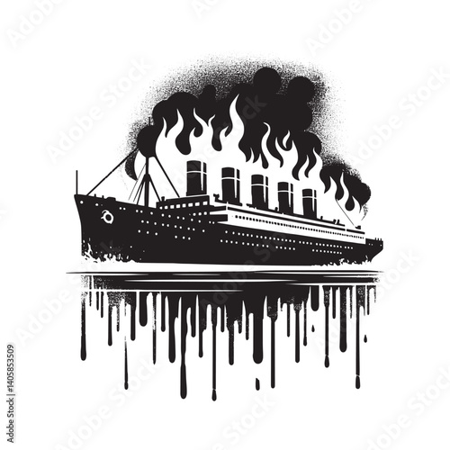 Distressed ocean liner illustration with dripping paint effect in monochrome