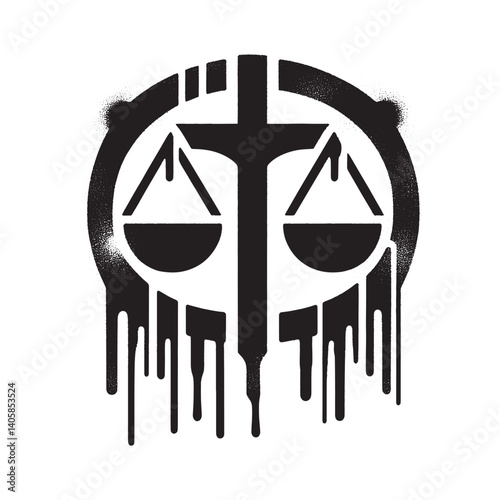 Distressed scales of justice illustration in stencil graffiti style