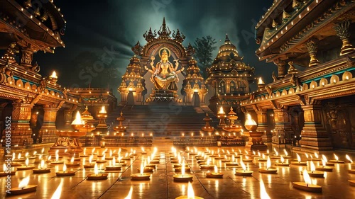 Night Temple Illumination: Goddess Lakshmi and Thousands of Lights
