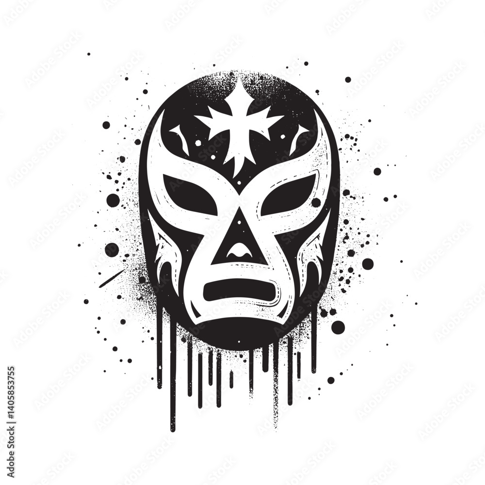 Dramatic monochrome stencil illustration of a wrestling mask with spray drips