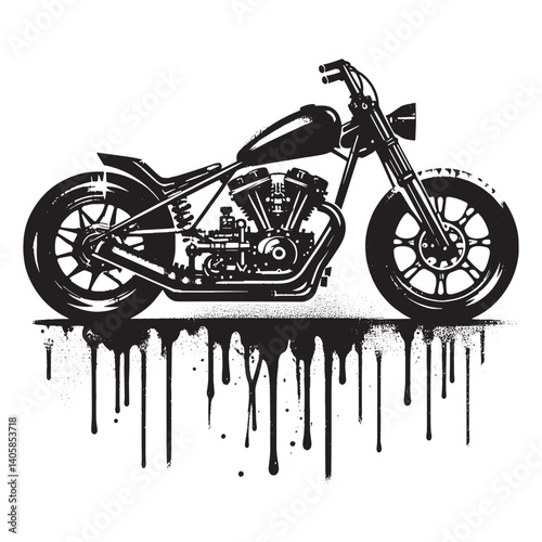 Drag motorcycle illustration in monochrome, dripping spray and grunge style