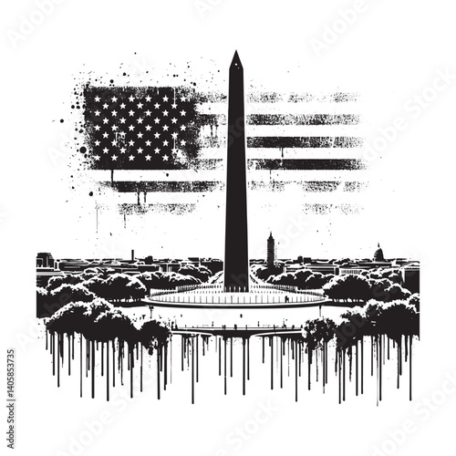 Distressed washington monument silhouette with american flag and dripping paint