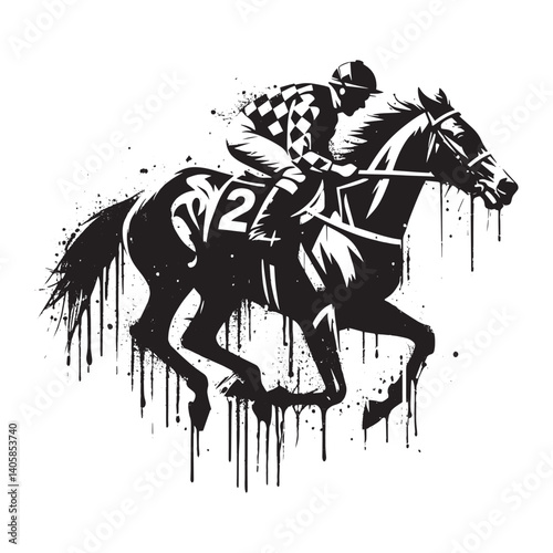 Dramatic Black and White Horse Racing Silhouette with Splatter Effects Artwork