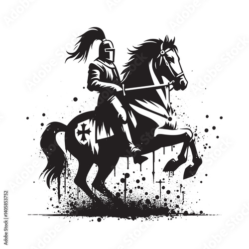 Dramatic monochrome vector illustration of a knight on horseback in silhouette