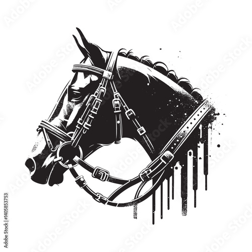 Dramatic monochrome stencil art illustration of a horse with intricate bridle
