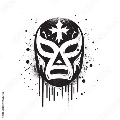 Dramatic monochrome stencil illustration of a wrestling mask with spray drips