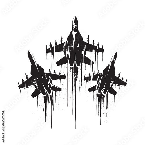 Dramatic stencil of fighter jets with abstract dripping spray paint effect