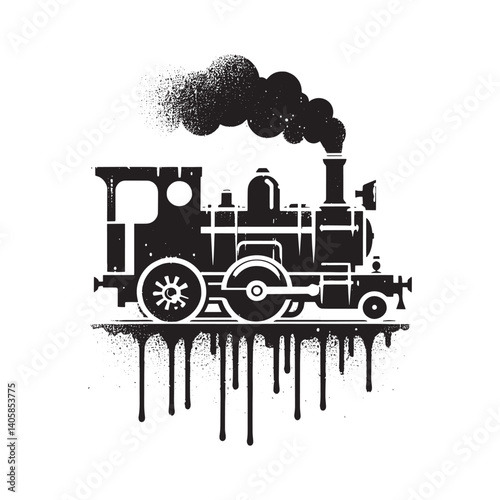 Dramatic vintage steam engine illustration with a spray paint stencil design