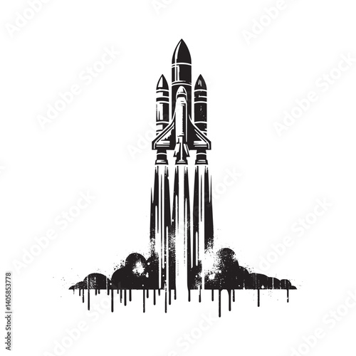 Dramatic stencil illustration of a space shuttle launch on white backdrop