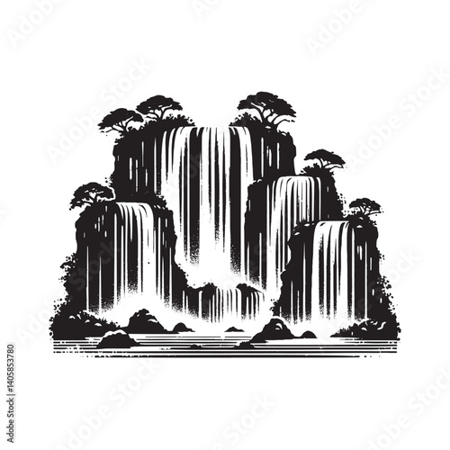 Dramatic monochrome waterfall illustration with stylized trees and cascading waters