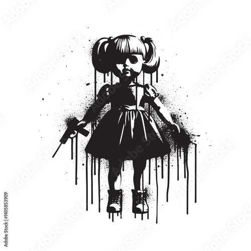 Eerie Doll Silhouette with Weapon and Spray Paint Effect on White Background
