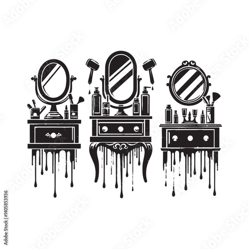 Elegant dressing tables set in stenciled grunge style vanity decor