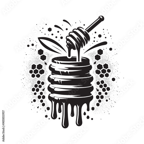 Elegant honey pot with dipper, minimalist design, dripping black nectar art