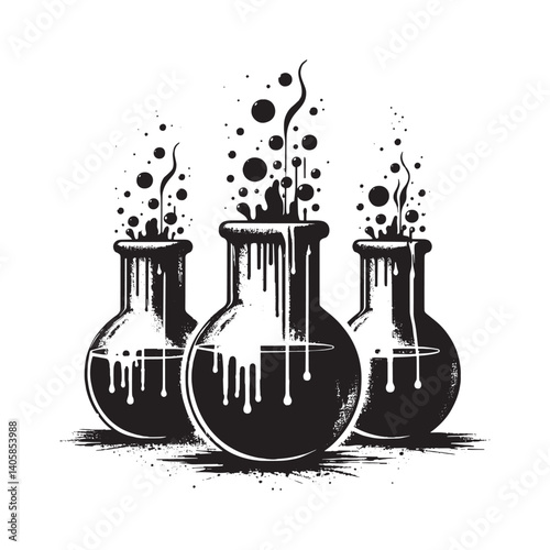Experimental science abstract flasks in stencil grunge minimalist style art