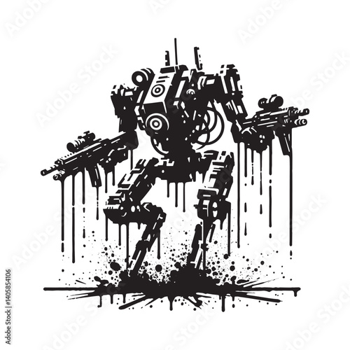 Futuristic Combat Automaton with Heavy Weaponry in a Distressed Style