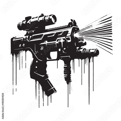 Futuristic Laser Rifle Illustration with a Grunge Drip Effect isolated